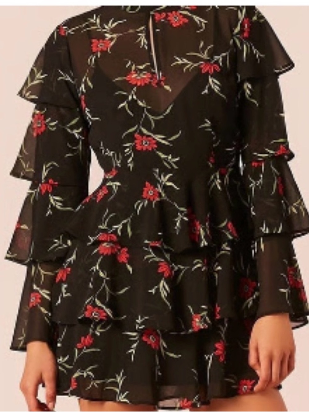 Floral Ruffle Long-Sleeve Mini Dress - Black with Red Floral